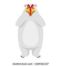 Cartoon vector illustration of cute polar bear hides face behind gift, isolated on white background. Template for print.
