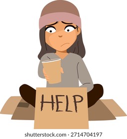 Ilustración vectorial de dibujos animados de una chica pobre linda que sostiene un cartel de cartón con texto de "ayuda", aislado en un fondo transparente. Arte de Clip para materiales de concienciación social, campañas de caridad