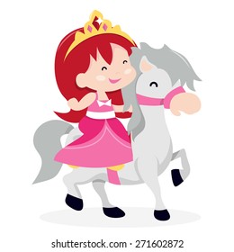 A cartoon vector illustration of a cute princess girl riding her little pony horse. 