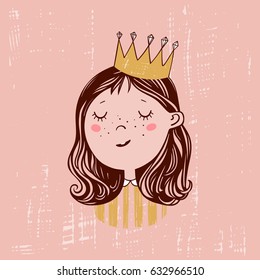 Cartoon vector illustration. A cute princess with golden crown.