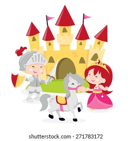 A cartoon vector illustration of cute princesses with her knight of shinning armor complete with horse and castle backdrop. 
