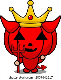 cartoon vector illustration of cute red devil pumpkin mascot character wearing king crown