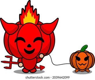 cartoon vector illustration of cute red devil pumpkin mascot character holding pet pumpkin