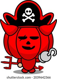 cartoon vector illustration of cute red devil pumpkin mascot character wearing one hand pirate hat