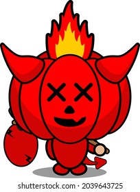 cartoon vector illustration of cute red devil pumpkin mascot character holding a pouch