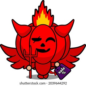 cartoon vector illustration of cute red devil pumpkin mascot character holding a selling bag