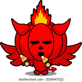 cartoon vector illustration of cute red devil pumpkin mascot character holding halloween candy