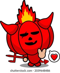 cartoon vector illustration of cute red devil pumpkin mascot character with love chat bubble