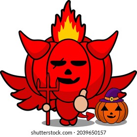 cartoon vector illustration of cute red devil pumpkin mascot character with pumpkin wearing a witch hat