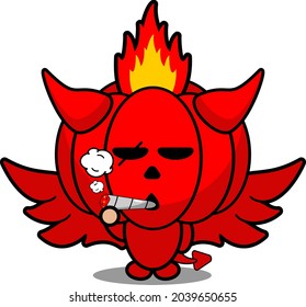 cartoon vector illustration of cute red devil pumpkin mascot character smoking