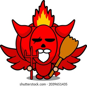 cartoon vector illustration of cute red devil pumpkin mascot character holding broomstick