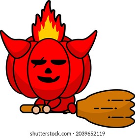 Cartoon, Vektorgrafik süßer, roter Teufel Kürbis-Maskottchen-Charakter, der auf einem Broomstick reitet