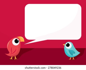 A cartoon vector illustration of a cute red bird telling another bird something.