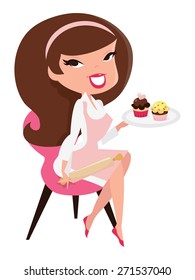 A cartoon vector illustration of a cute retro pin up girl sitting on a chair holding a roller pin in one hand while holding a tray of cupcakes.