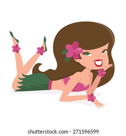 A cartoon vector illustration of cute retro pin up hawaiian girl lying down. 