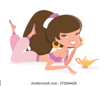 A cartoon vector illustration of a cute retro genie girl lying down on her front with a magic lamp next to her. 