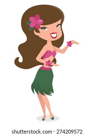 A cartoon vector illustration of a cute retro pin up hawaiian girl doing a hula dance.