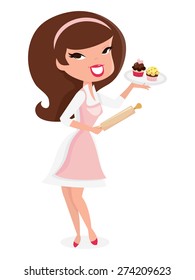 A cartoon vector illustration of a cute retro pin up girl baking cupcake, holding roller pin in one hand while presenting a tray of cupcakes.