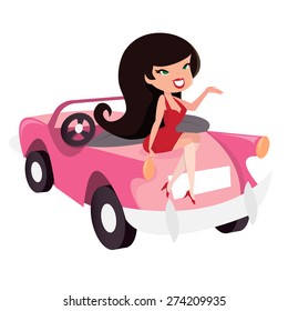 A Cartoon Vector Illustration Of A Cute Cartoon Retro Pin Up Girl Sitting On Top Of Pink Convertible Car.