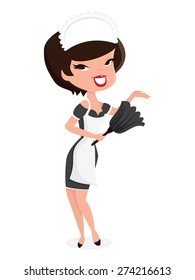 A cartoon vector illustration of a cute retro pin up girl in french maid costume standing and holding a feather duster.