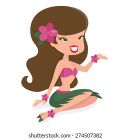 A cartoon vector illustration of a cute retro hawaiian pinup girl.