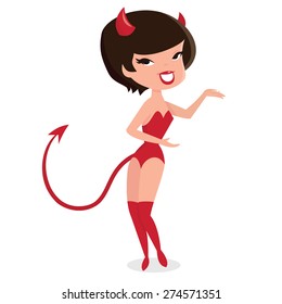 A cartoon vector illustration of a cute retro pin up girl in devil costume standing and presenting something with her hands.