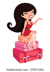 A cartoon vector illustration of a cute cartoon retro pin up girl sitting on top of a stack of travel suitcases.