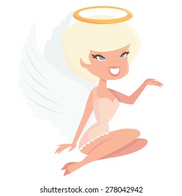 A cartoon vector illustration of a cute retro angel girl with wings and halo.