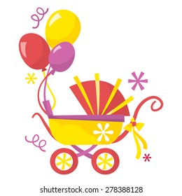 A cartoon vector illustration of cute retro pram with balloons.