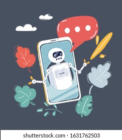 Cartoon vector illustration of Cute robot, chat bot say hi, voice support service. Speech bubble,virtual online help customer support on phone screen on dark background.
