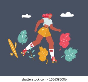 Cartoon vector illustration of Cute roller skater girl enjoying outdoor skating on dark.