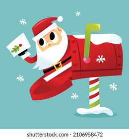 A Cartoon Vector Illustration Of A Cute Santa Delivering Mail Inside A Mailbox.