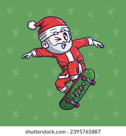 Cartoon vector illustration of Cute Santa Claus skateboarding do the ollie trick. Santa Claus mascot illustration.