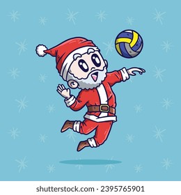 Cartoon vector illustration of Cute Santa Claus playing volleyball. Santa Claus mascot illustration.