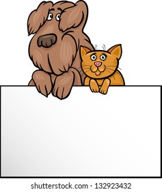 Cartoon Vector Illustration of Cute Shaggy Dog and Cat with White Card or Board Greeting or Business Card Design