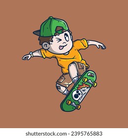 Cartoon vector illustration of Cute Skater do the ollie trick. Skateboard mascot illustration