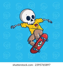 Cartoon vector illustration of Cute Skull skateboarding do the ollie trick. Skull mascot illustration.