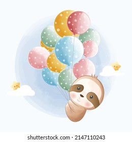 Cartoon vector illustration Cute sloth flying with balloons