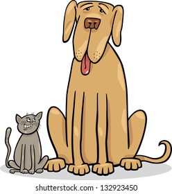 Cartoon Vector Illustration of Cute Small Cat and Funny Big Dog or Great Dane in Friendship