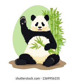 Cartoon vector illustration. Cute smiling giant panda sitting holding green bamboo branch and waving with bamboo trees in the background. Print, poster design. Endangered species. Conservation.