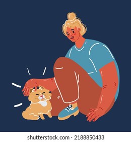 Cartoon, Vektorgrafik von Cute lächelnd junges Mädchen mit Katze. Frauen verbringen Zeit zu Hause mit ihren Haustieren. Porträt des Hobbybesitzers auf dunklem Hintergrund.