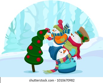 Cartoon vector illustration of cute snowmans. wmen. Decoration of the Christmas tree.  Christmas time. Holiday preparation of snowmen. 