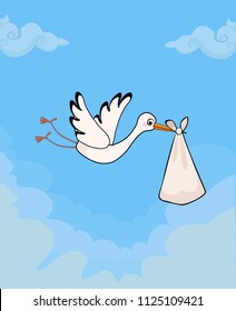 Cartoon vector illustration of cute stork delivering baby bundle on blue cloudy sky background. Baby shower greeting card design. Newborn arrival.
