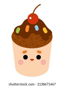 Cartoon vector illustration, cute sweet character, Chocolate cupcake with a cute face