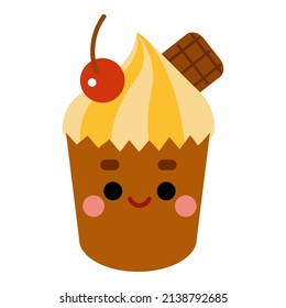 Cartoon vector illustration, cute sweet character, Chocolate cupcake with a cute face