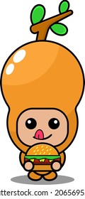 cartoon vector illustration of cute tamarind spice mascot costume character eating burger