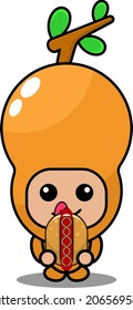 cartoon vector illustration of cute tamarind spice mascot costume character eating hot dog