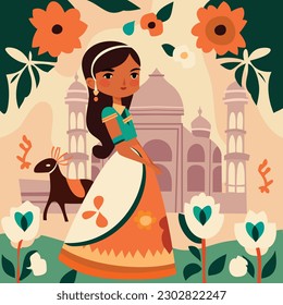 A cartoon vector illustration of a cute traditional Indian girl in front of Taj Mahal building.