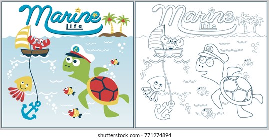 Cartoon vector illustration, cute turtle with marine animals, crab on sailboat, coloring page or book