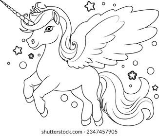 A cartoon vector illustration of a cute unicorn surrounded by stars